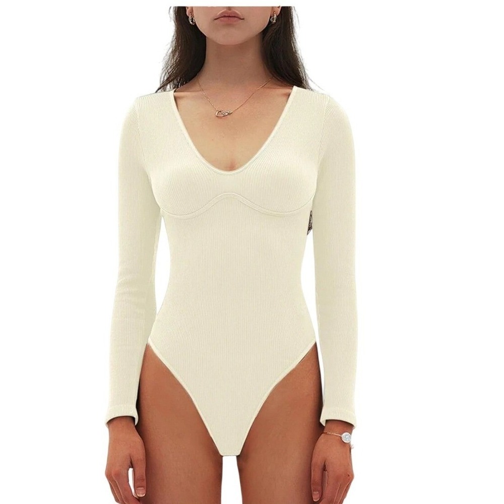 Long Sleeve‎ V Neck  Bodysuit Cream Basic Staple: minimalist, feminine